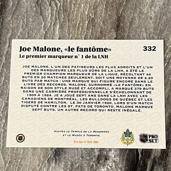 NHL Joe Malone “le fantôme” 1991 French Hockey Card Pro Set #332 - Picture 8 of 9